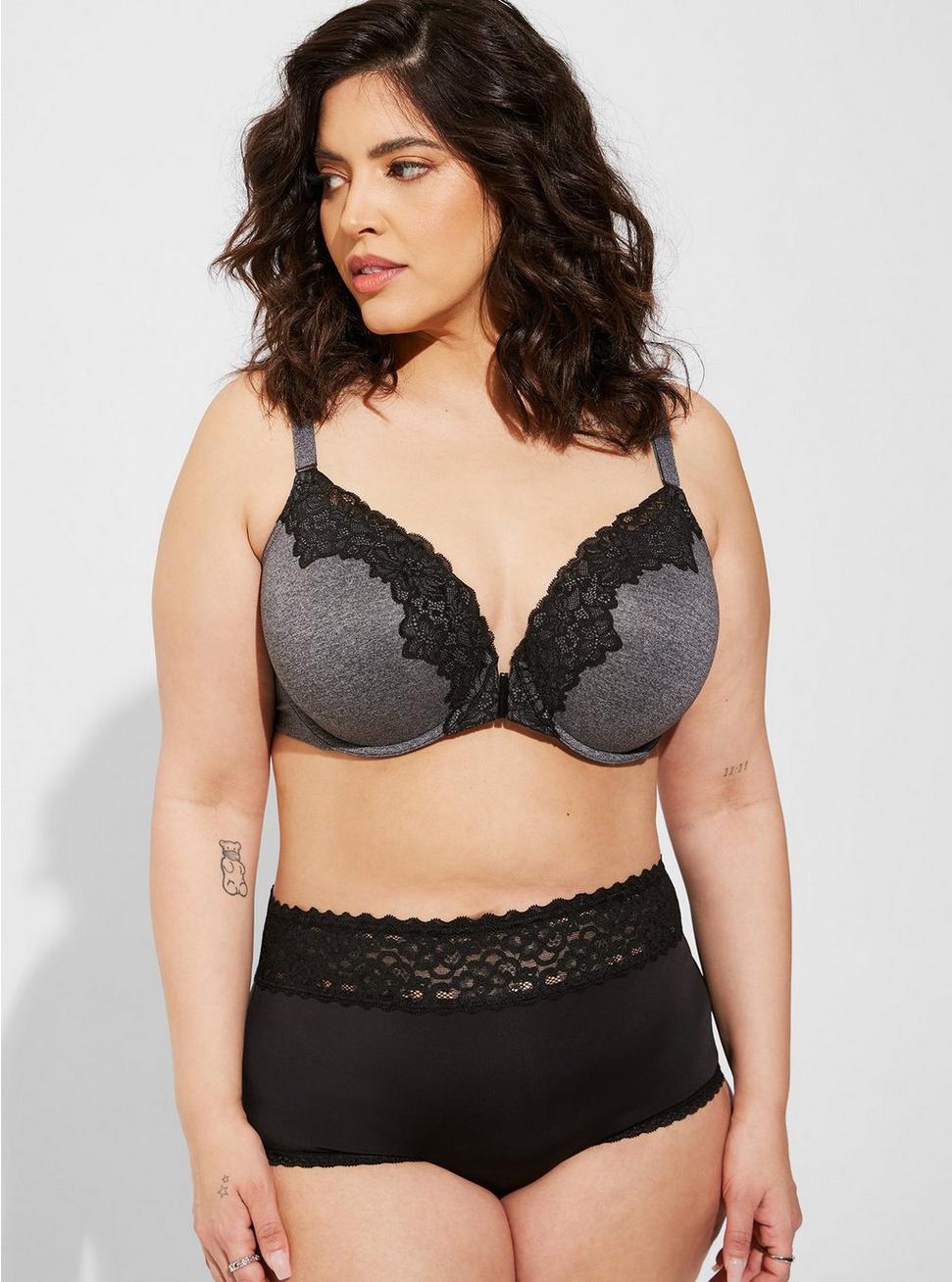 Plus Size T-Shirt Lightly Lined Heather & Lace Front Close 360° Back Smoothing® Bra, CHARCOAL HEATHER, alternate