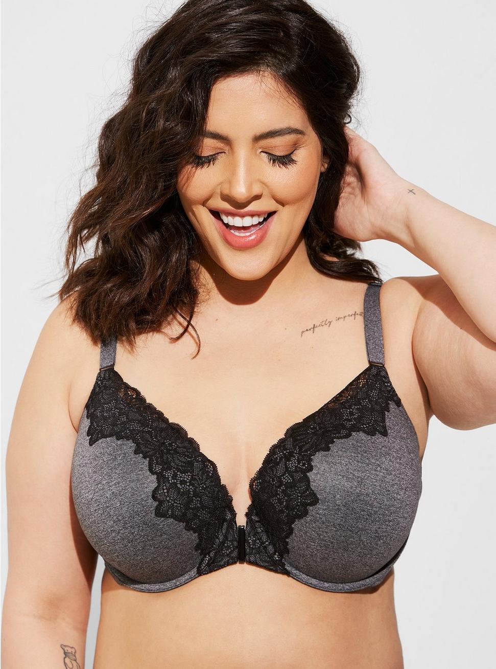 T-Shirt Lightly Lined Heather & Lace Front Close 360° Back Smoothing® Bra, CHARCOAL HEATHER, hi-res