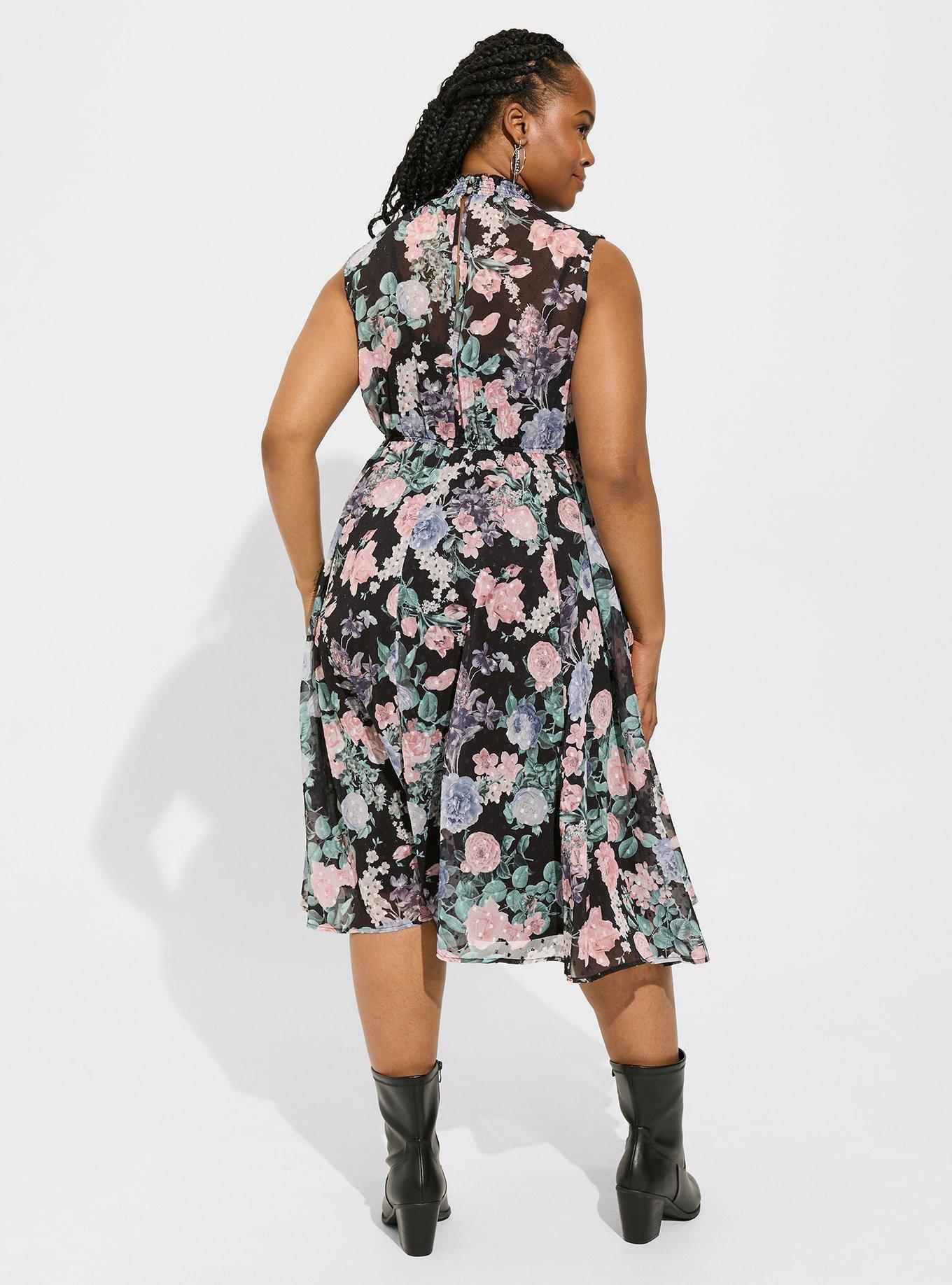 Midi Clip Dot Mock Neck Dress, HARMONIC FLORAL DEEP BLACK, alternate