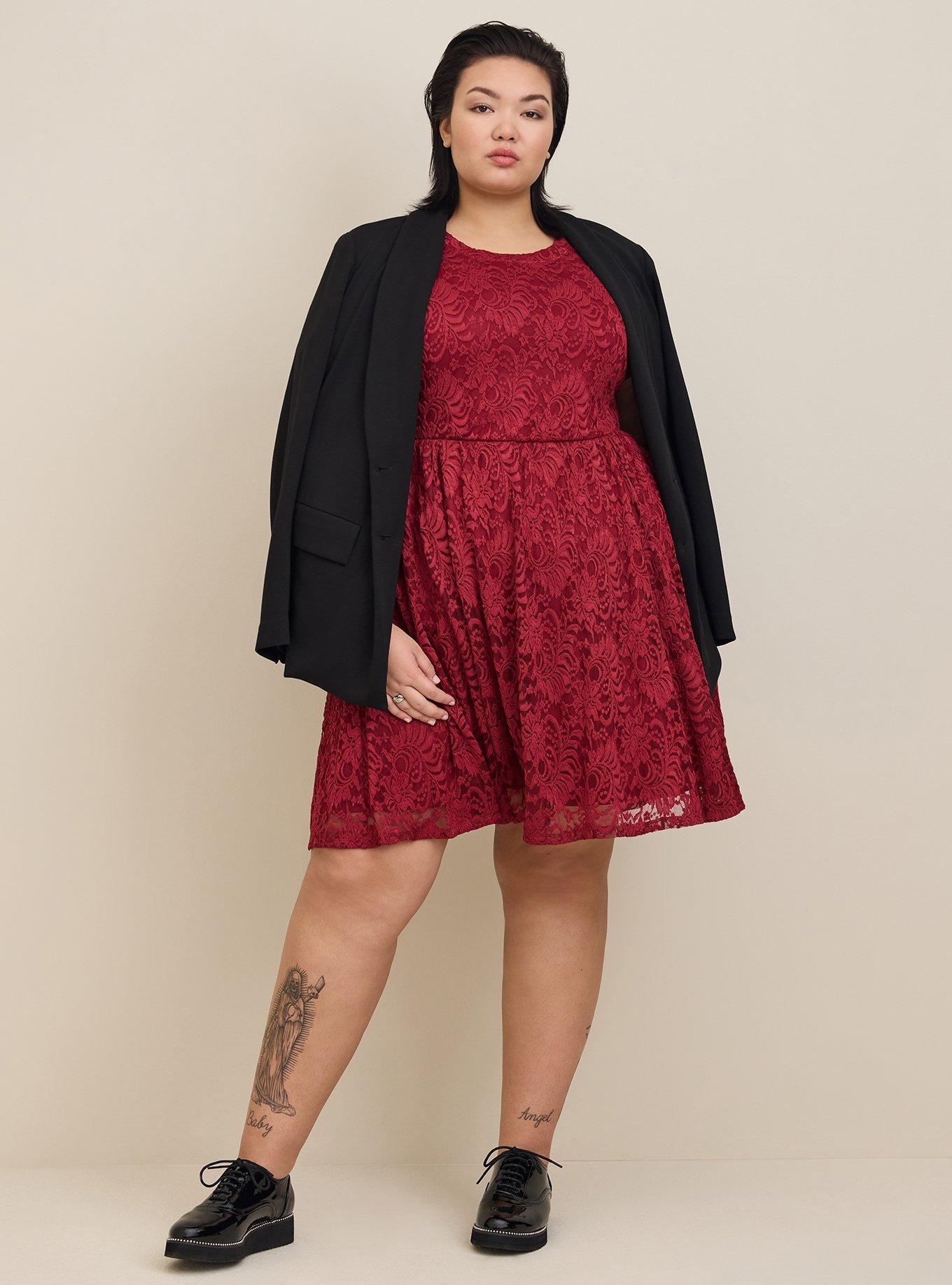 Plus Size Mini Lace Fit Flare Dress, RHUBARB, alternate