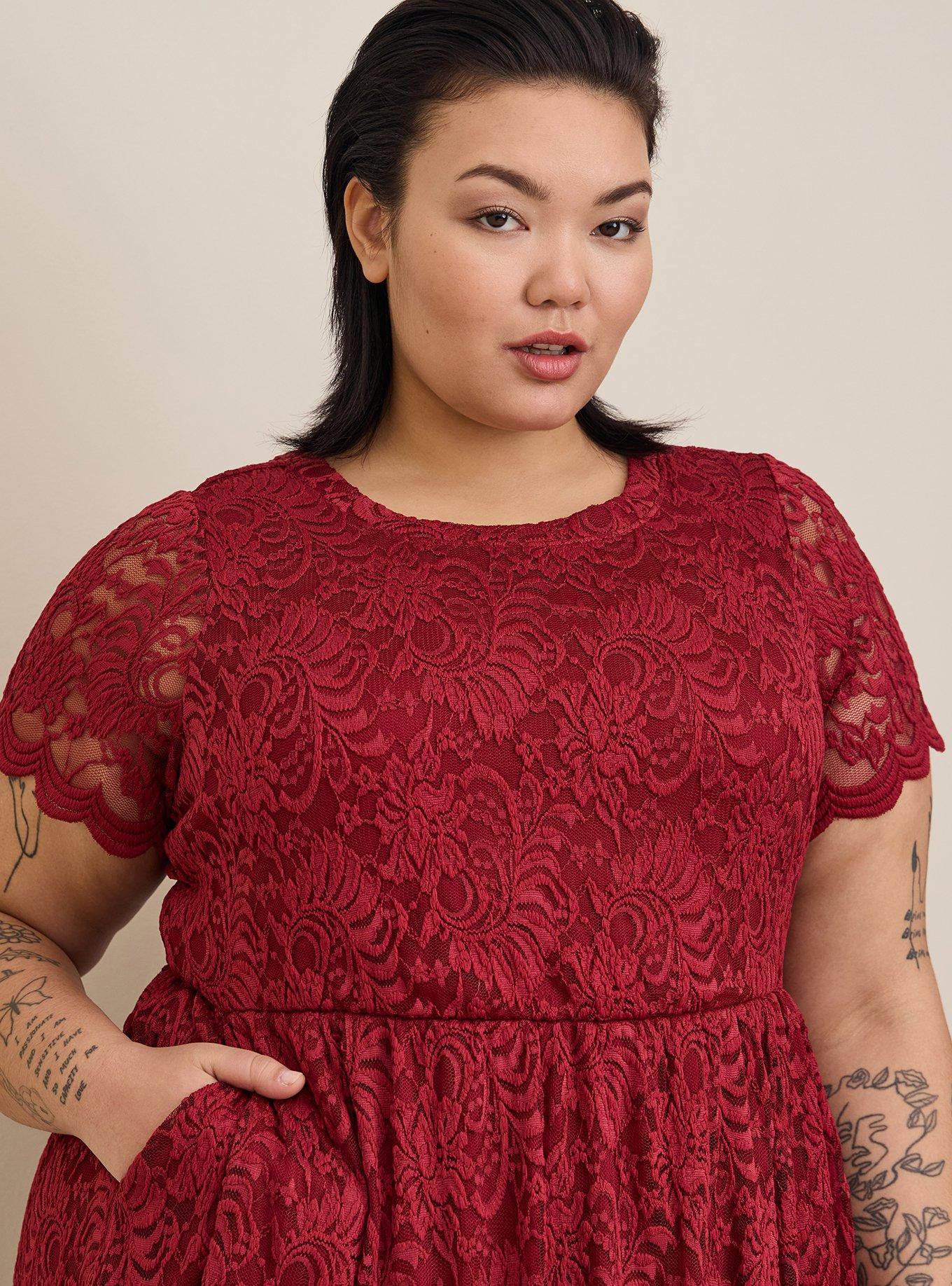 Plus Size Mini Lace Fit Flare Dress, RHUBARB, alternate