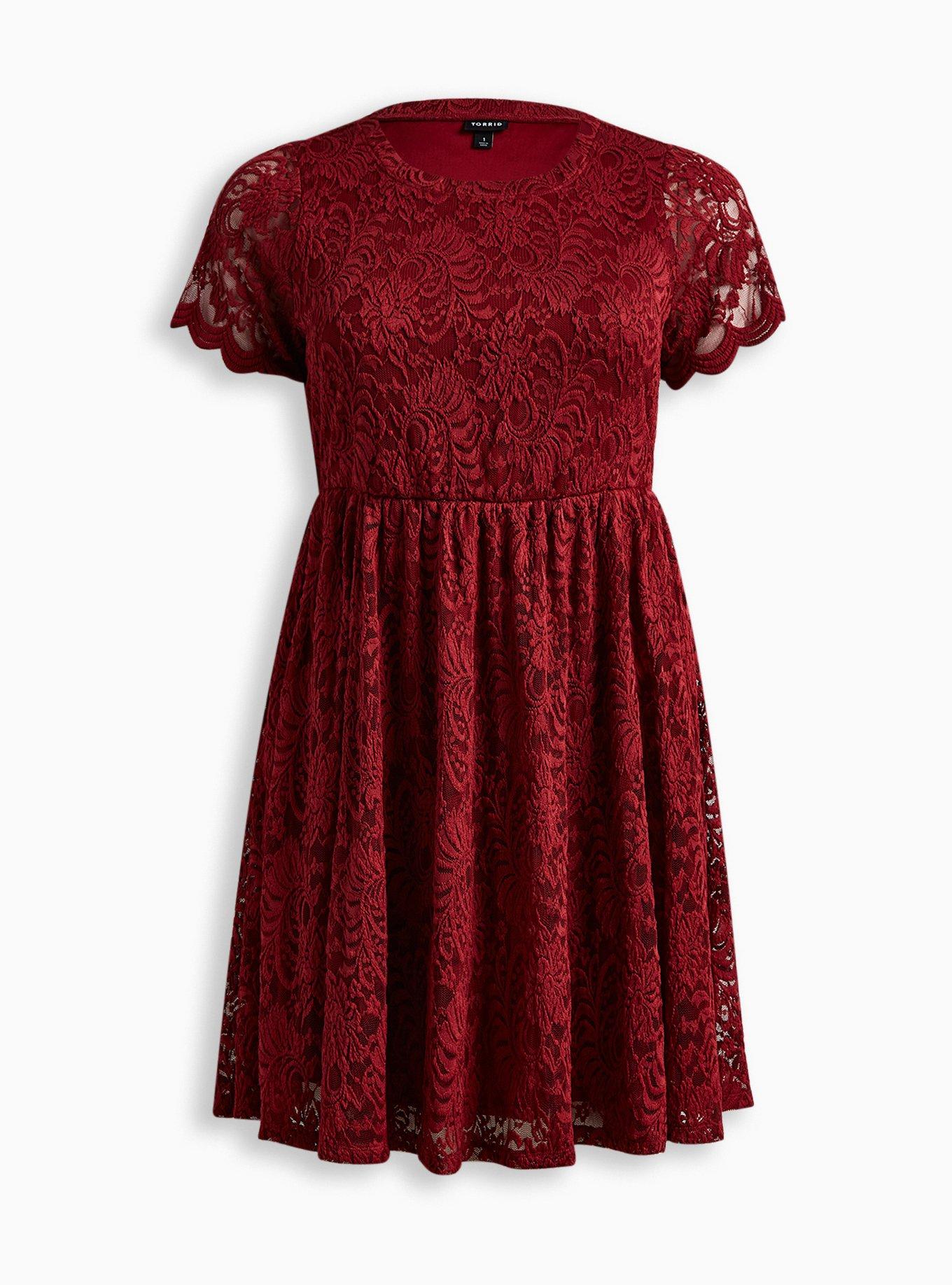 Plus Size Mini Lace Fit Flare Dress, RHUBARB, hi-res