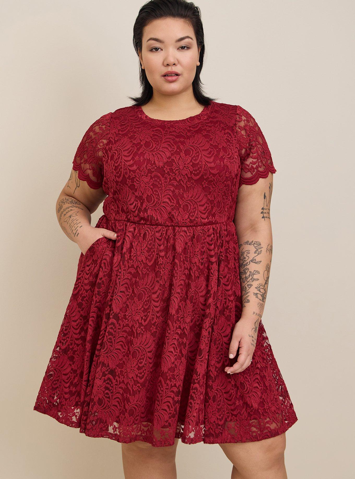 Plus Size Mini Lace Fit Flare Dress, RHUBARB, hi-res