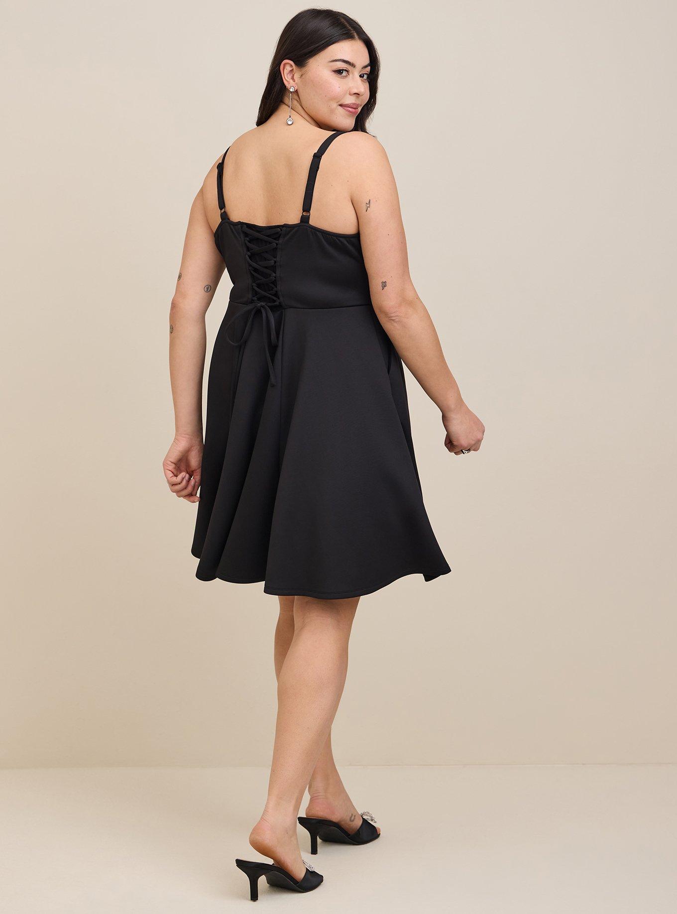 Plus Size Mini Scuba Lace-Up Fit And Flare Dress, DEEP BLACK, alternate