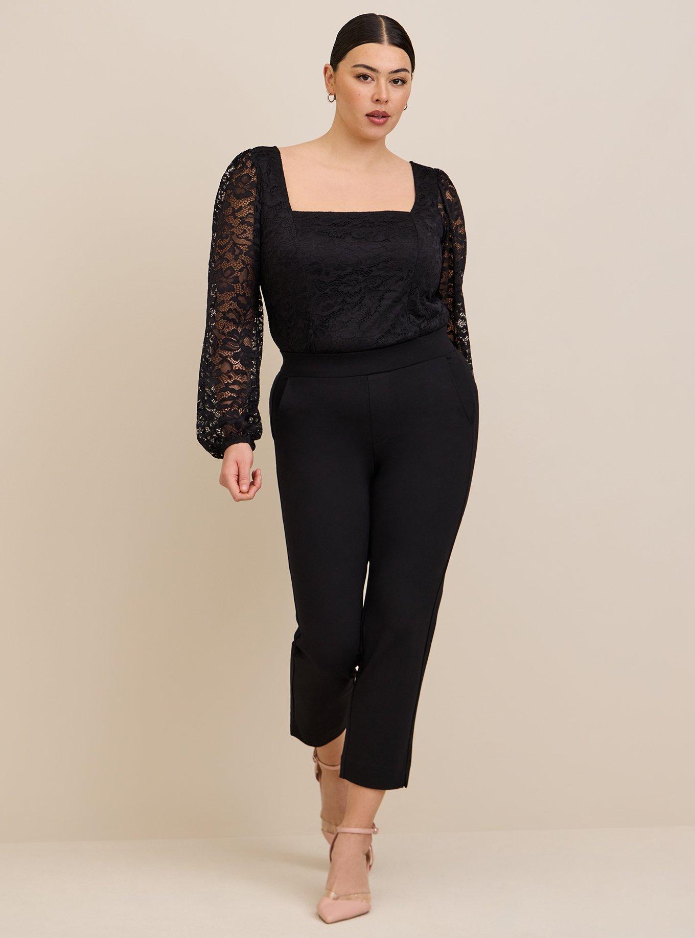 Plus Size Lace Square Neck Long Sleeve Top, DEEP BLACK, alternate