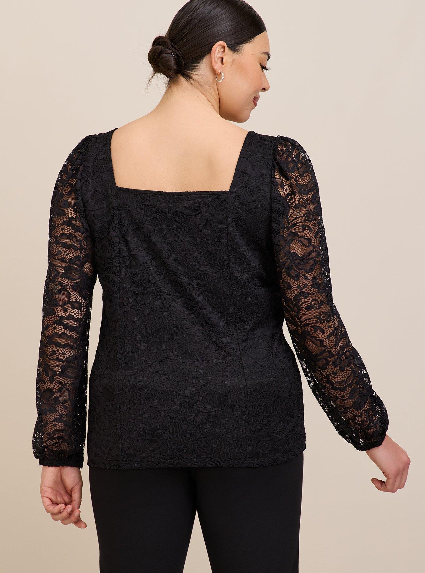 Plus Size Lace Square Neck Long Sleeve Top, DEEP BLACK, alternate