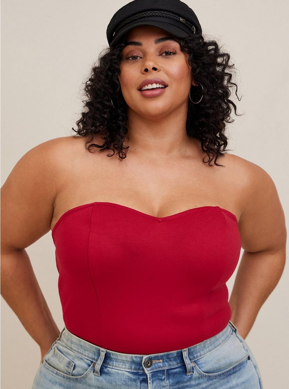Plus Size Ponte Sweetheart Tube Top, RED, hi-res