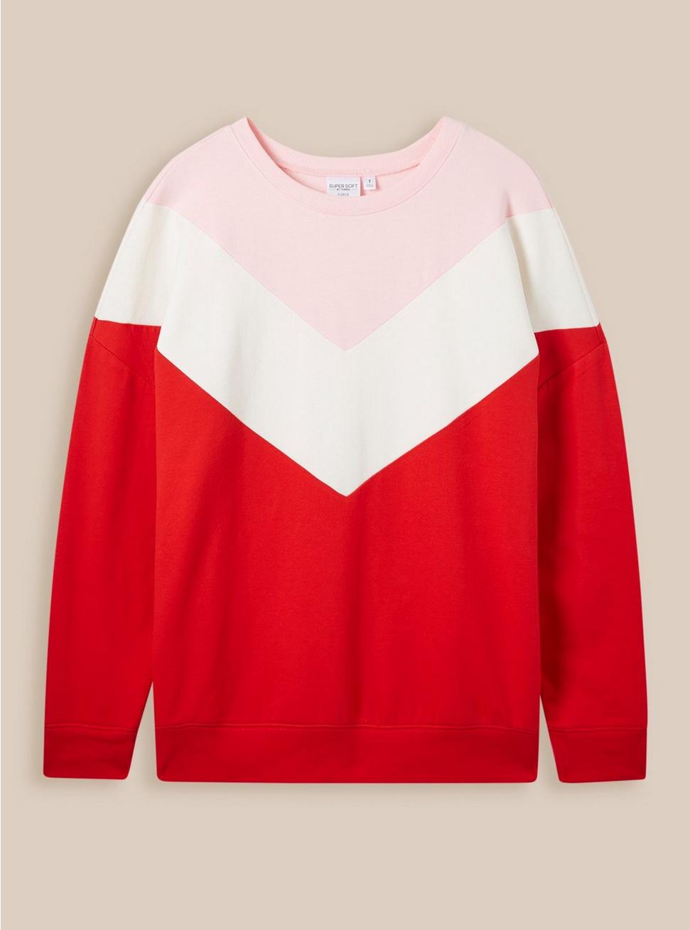 Relaxed Fit Super Soft Fleece Chevron Colorblock Lace Sweatshirt, RED, hi-res