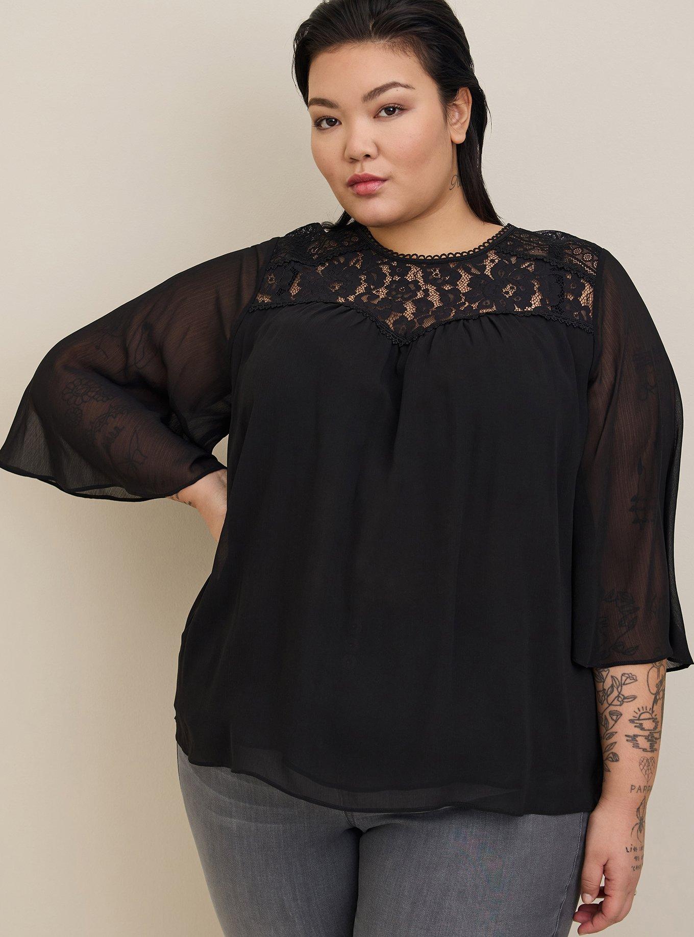 Crinkle Chiffon Lace Trim Top