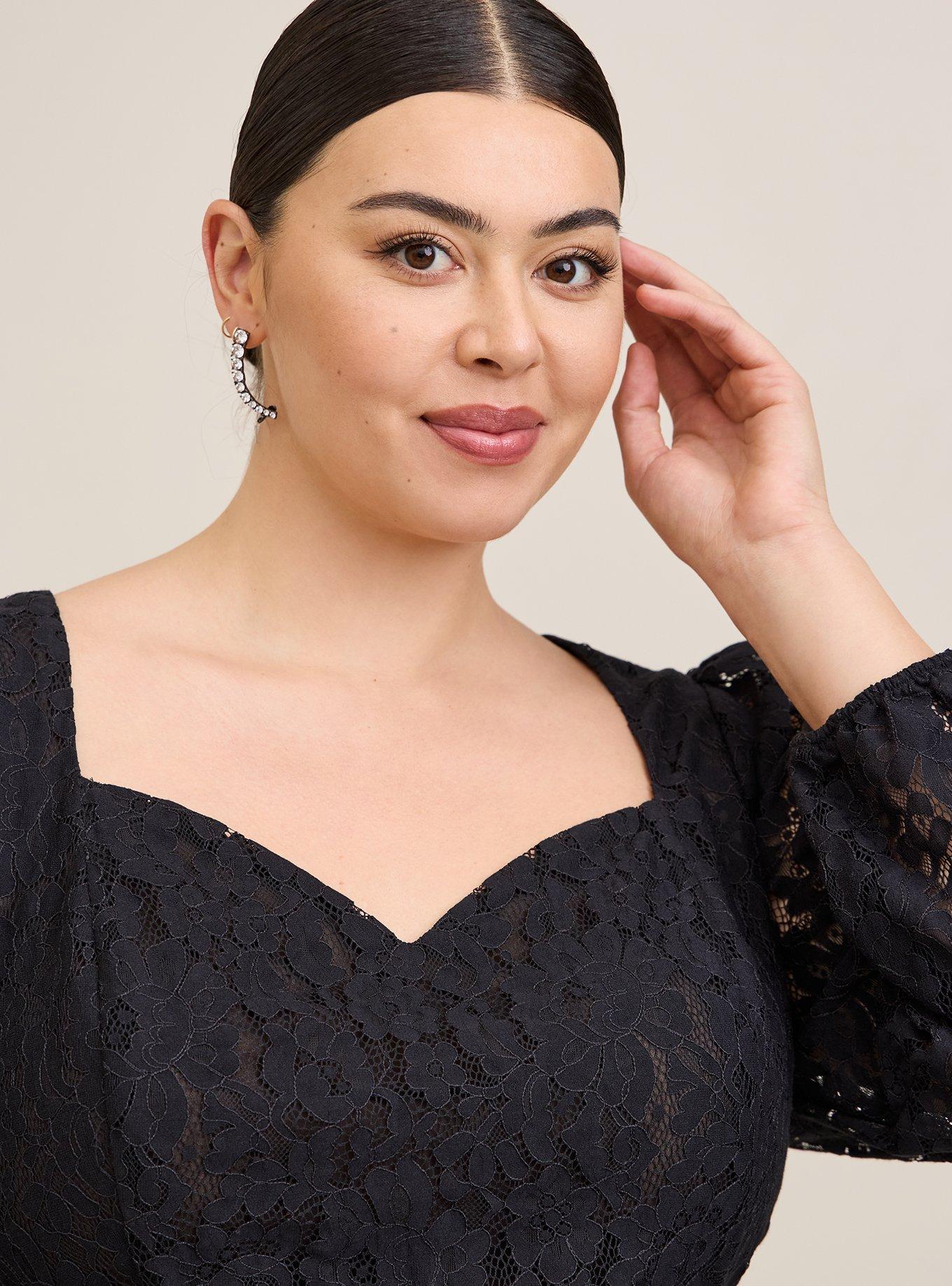 Peplum Lace Puff Sleeve Top, DEEP BLACK, alternate