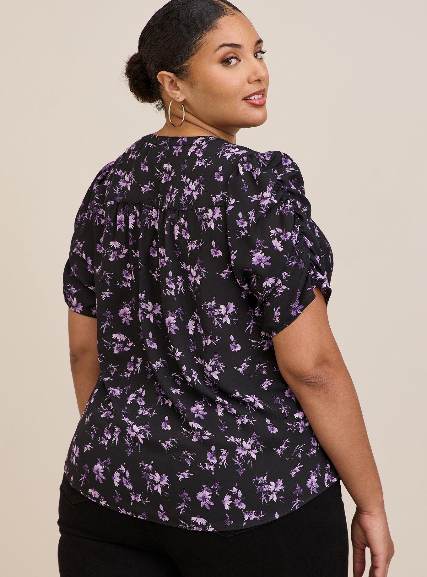 Plus Size Harper Georgette Ruched Short Sleeve Blouse, FLORAL - BLACK, alternate