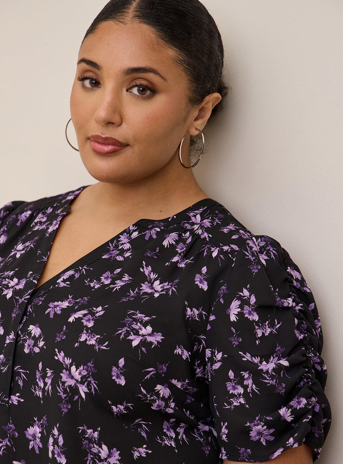 Plus Size Harper Georgette Ruched Short Sleeve Blouse, FLORAL - BLACK, alternate
