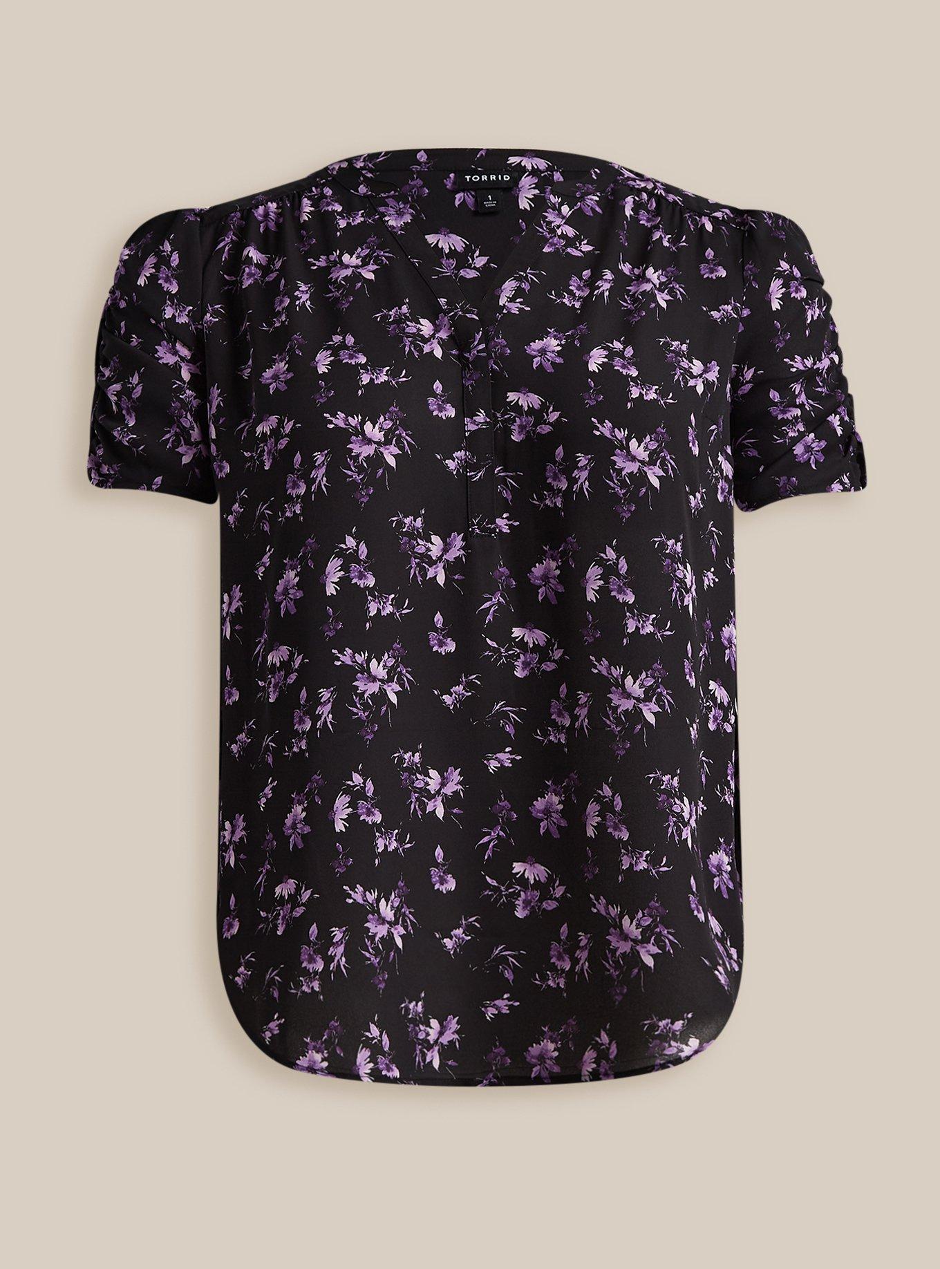 Plus Size Harper Georgette Ruched Short Sleeve Blouse, FLORAL - BLACK, hi-res