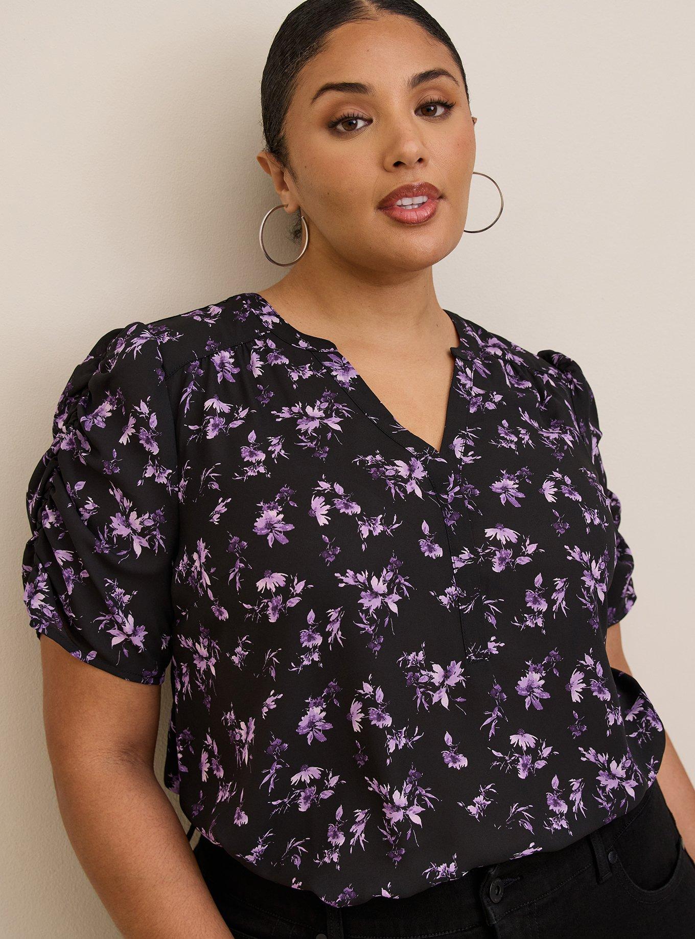 Plus Size Harper Georgette Ruched Short Sleeve Blouse, FLORAL - BLACK, hi-res