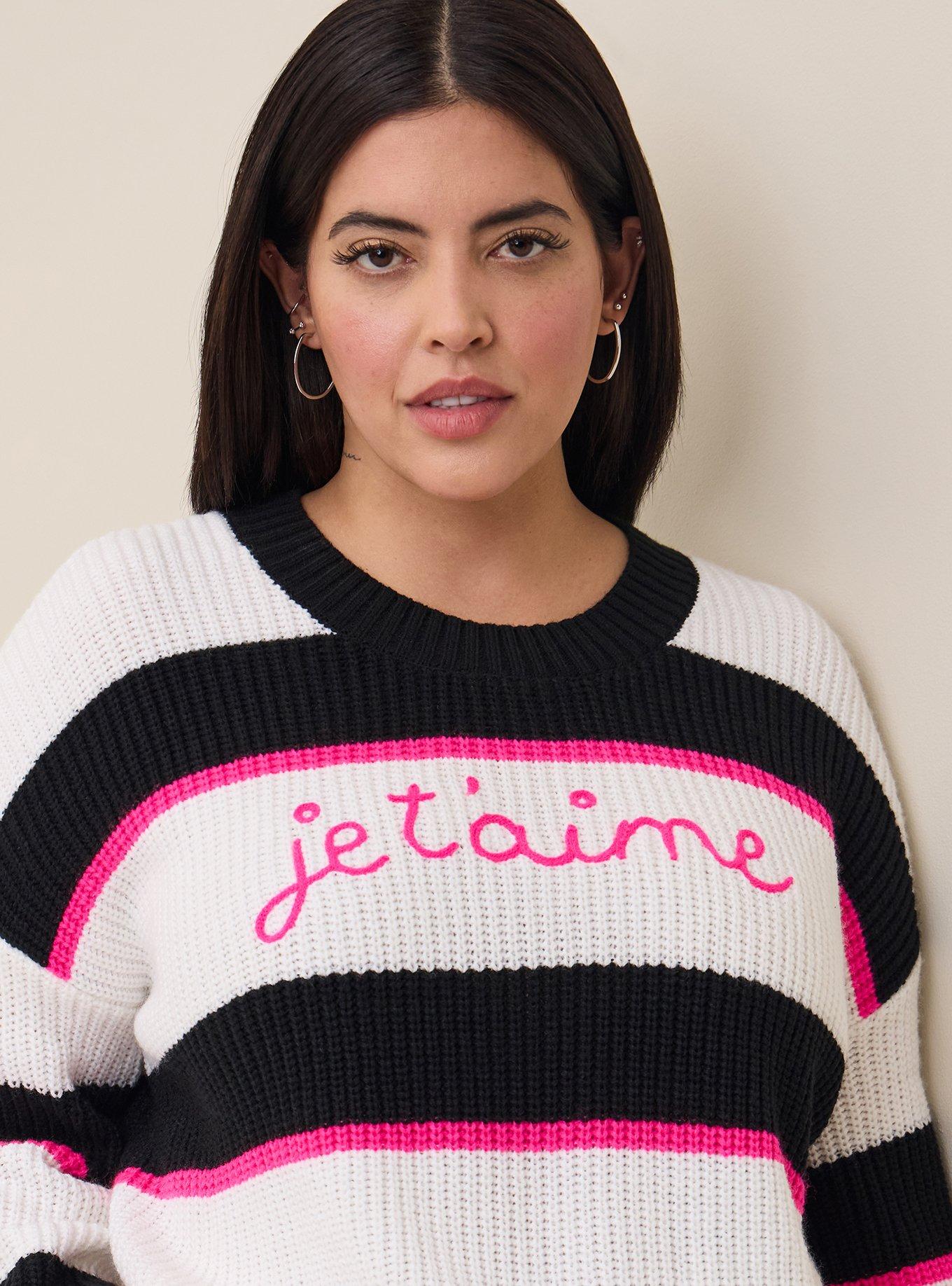 Pullover Drop Shoulder Crew Neck Sweater, STRIPE BLACK WHITE, alternate