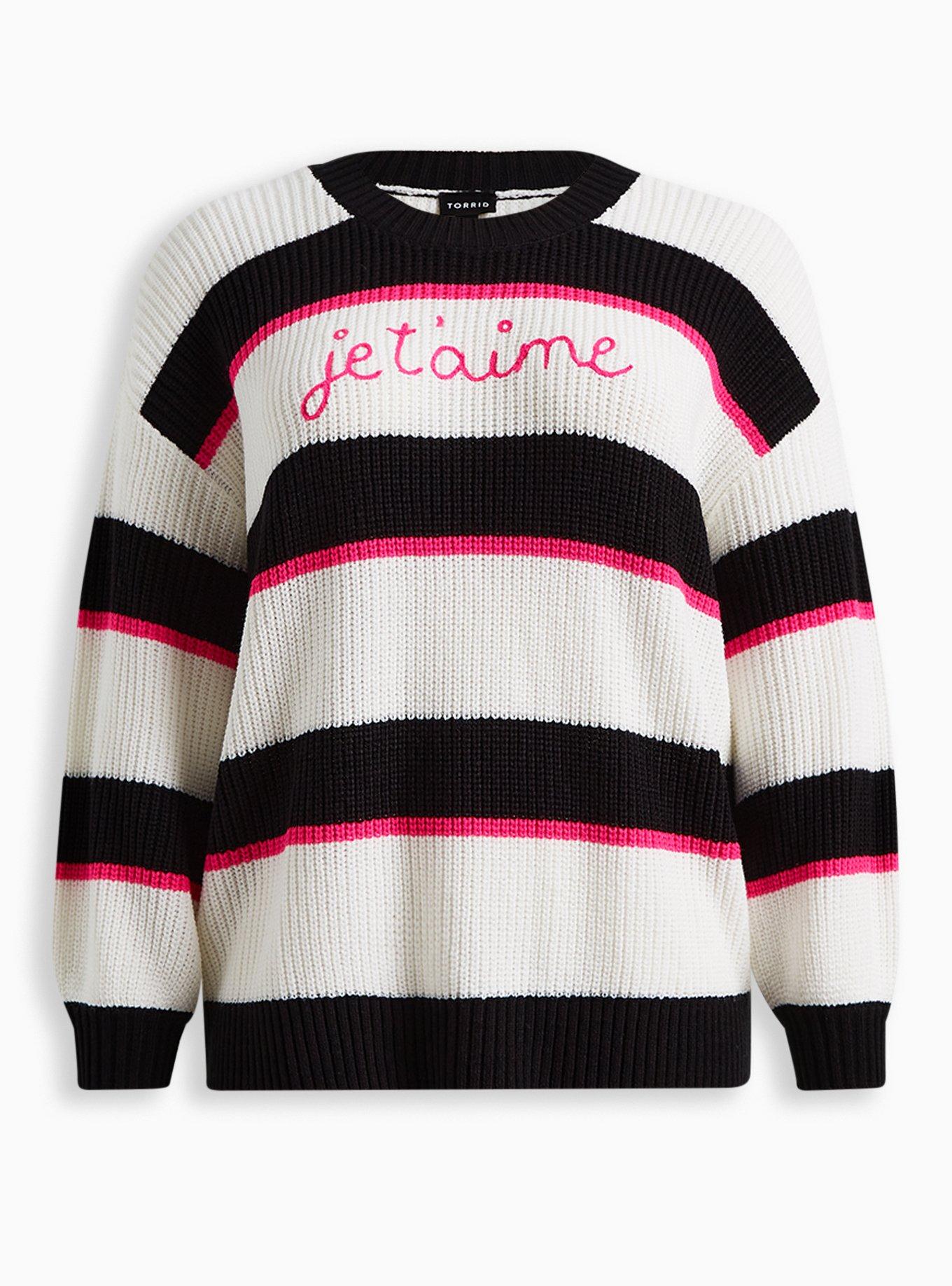 Pullover Drop Shoulder Crew Neck Sweater, STRIPE BLACK WHITE, hi-res