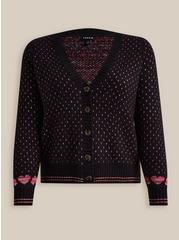 Cardigan Drop Shoulder V-Neck Button Front Sweater, HEARTS - PINK, hi-res