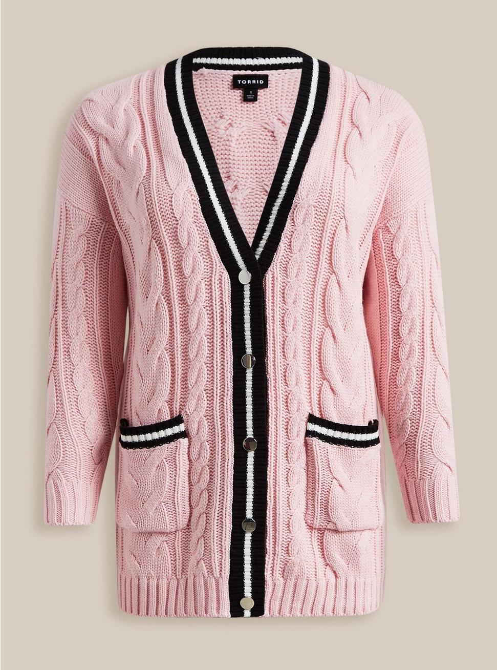 Chunky Cable Boyfriend Cardigan V-Neck Sweater, PINK, hi-res