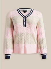 Vegan Cashmere Pullover Henley Sweater, PINK STRIPE, hi-res