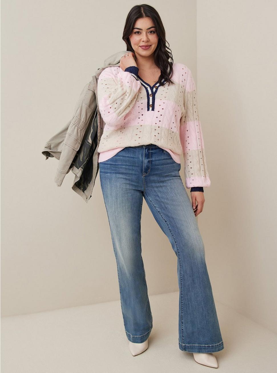 Vegan Cashmere Pullover Henley Sweater, PINK STRIPE, hi-res