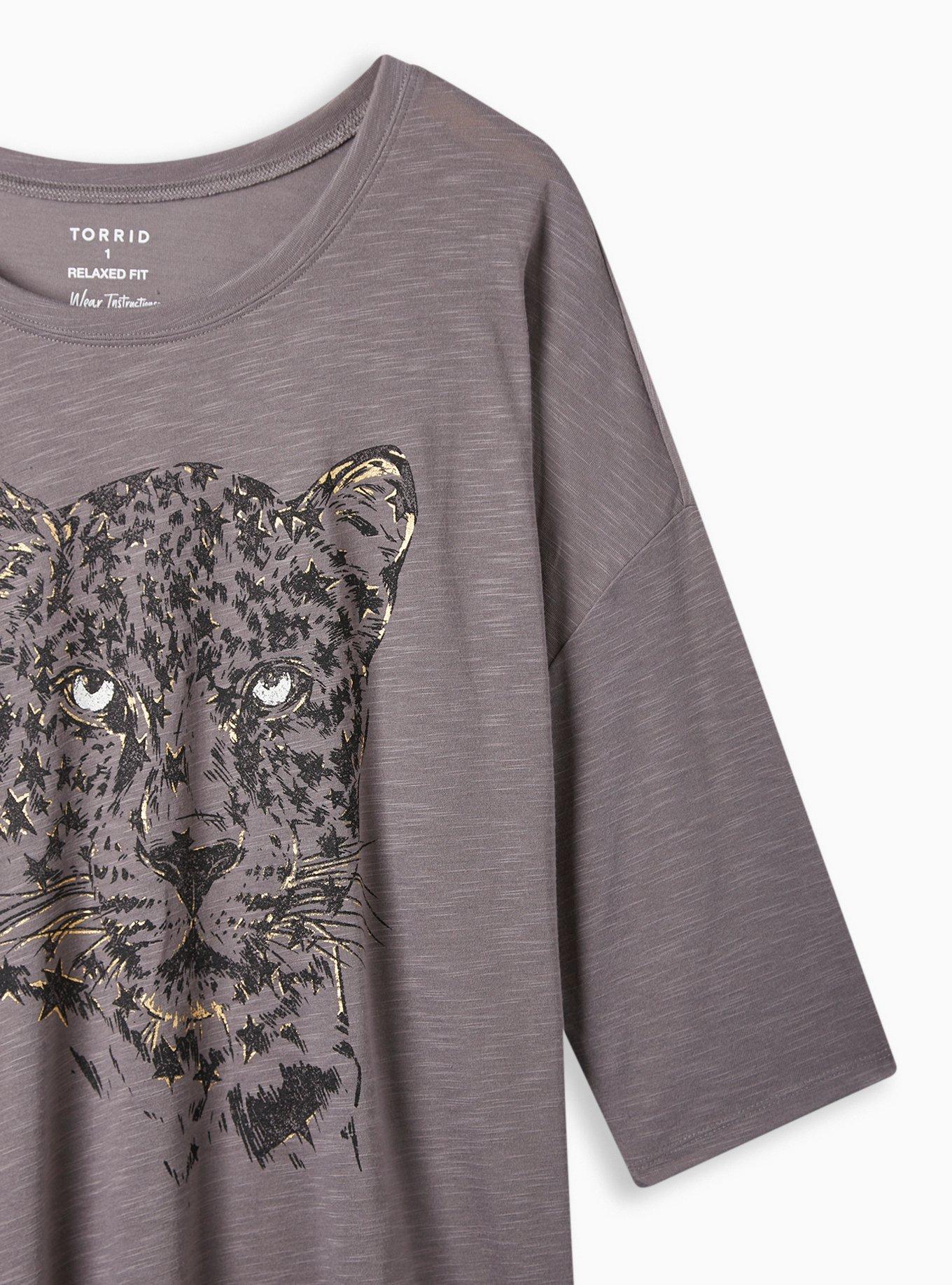 Plus Size Leopard Relaxed Fit Polyester Scoop Neck Long Sleeve Drop Shoulder Tee, TORNADO, alternate