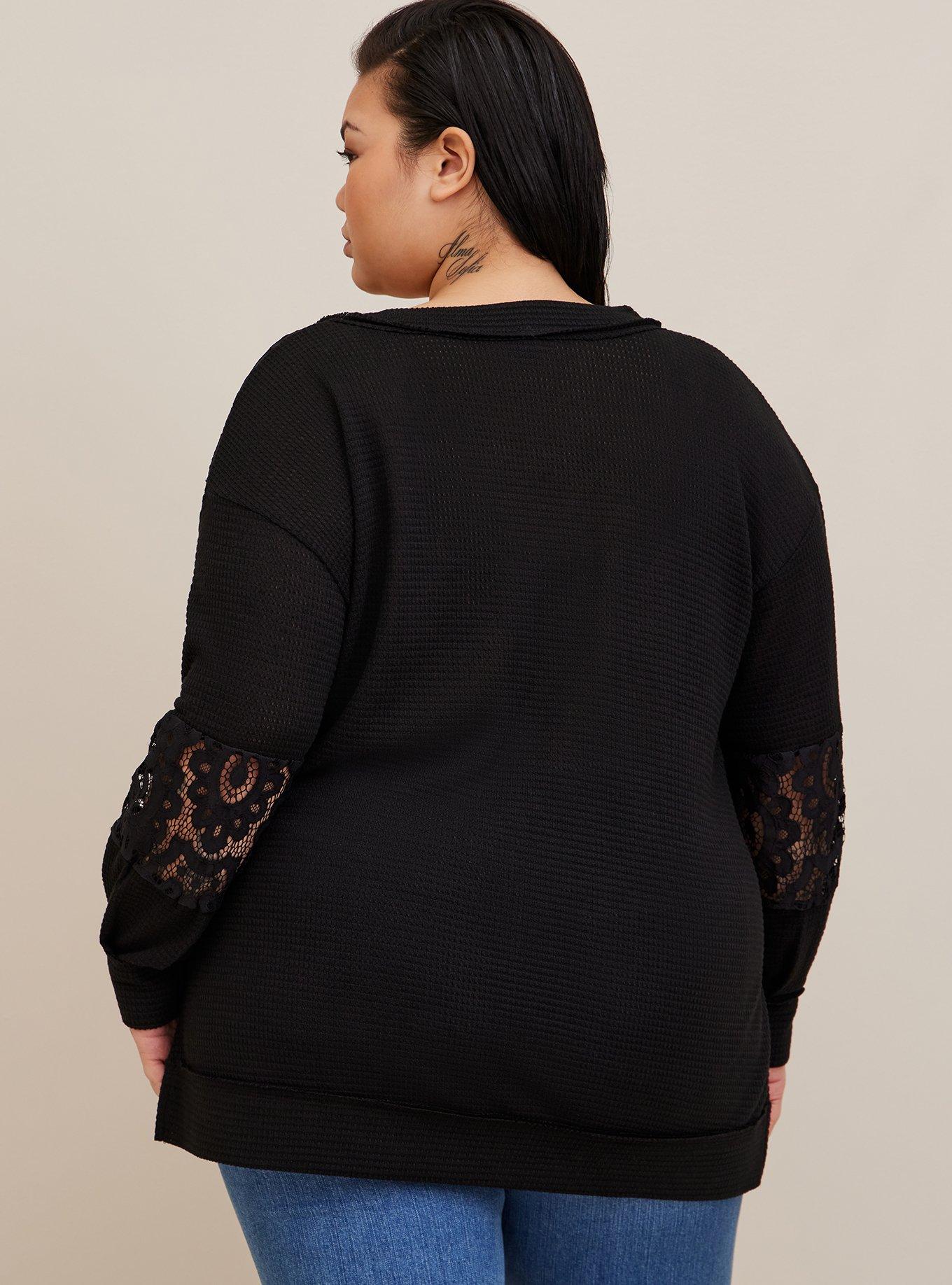 Plus Size - Waffle V-Neck Lace Inset Sweatshirt - Torrid