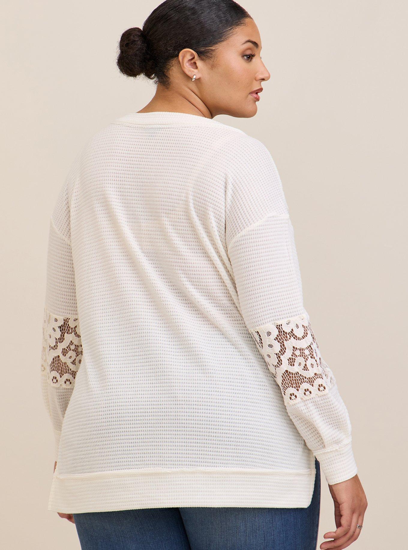 Plus Size - Waffle V-Neck Lace Inset Sweatshirt - Torrid