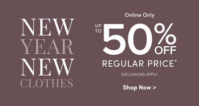 Promotional image with a purple background featuring the text New Year New Clothes on the left side and Online Only Up to 50 Percent Off Regular Price Exclusions Apply on the right side A call to action button at the bottom reads Shop Now in white text