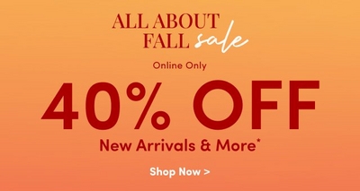 Promotional banner with a gradient orange background featuring the text 'ALL ABOUT FALL sale' in red and white, 'Online Only' in smaller text, '40% OFF New Arrivals & More' in large red text, followed by 'Shop Now' in white text with a right-facing arrow.