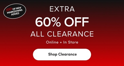 Banner with the text 'Extra 60% Off All Clearance' in large font, with a note '1000s of new markdowns added' in a black circular badge. Below the main text, it says 'Online + In Store' with a white button labeled 'Shop Clearance' at the bottom of the banner. The background fades from black at the top to red at the bottom.