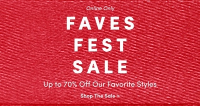 Banner for an online-only sale titled 'Faves Fest Sale,' featuring discounts of up to 70% off favorite styles. A 'Shop the Sale' link is included, with a red textured background