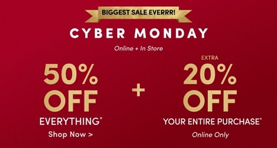 Promotional banner for Cyber Monday with a gold textured background. Text reads: 'Cyber Monday, Online + In Store, 50% Off Everything* >'. A circular section on the right states: 'Online only, Get an extra 20% off your entire purchase.' Black text on a glittering gold background.