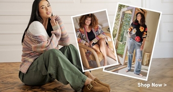 A composite image featuring three women modeling casual fall outfits. The primary model sits on a wooden floor wearing a colorful knit cardigan, green cargo pants, and brown suede slip-on shoes, posing thoughtfully. Two inset images are positioned beside her: one shows a woman seated in a chair wearing a vibrant patterned cardigan, and the other depicts a woman standing by a doorway wearing a floral sweater and ripped jeans. The text 'Shop Now >' is displayed in the bottom right corner.