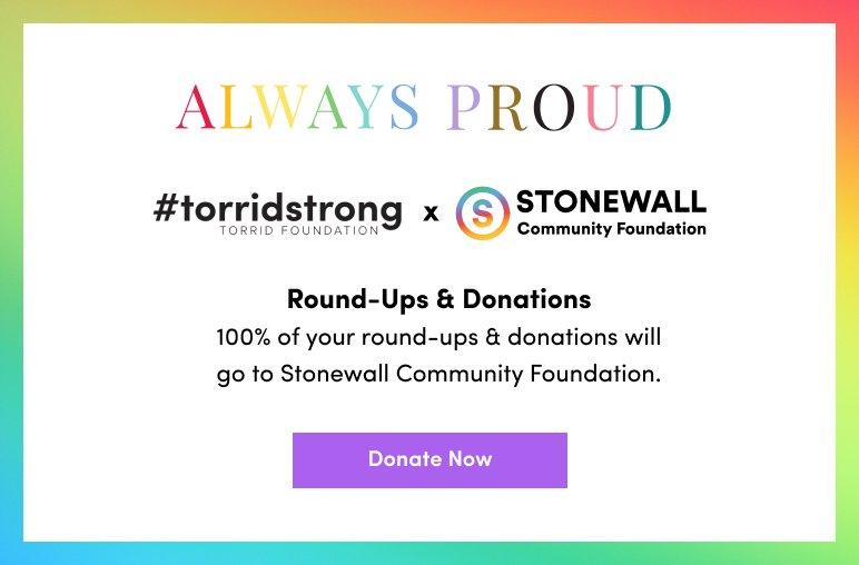 A promotional graphic with a white background. At the top, the word "NEW!" appears in bold black text. Below it, the phrase "ALWAYS PROUD" is written in large, serif capital letters, with each letter a different color of the rainbow. At the bottom, there is a underlined link that reads "Shop Always Proud."