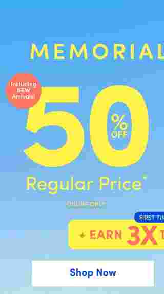 Memorial Day promotion over ocean background offering 50 percent off regular price, including new arrivals. Text notes online only and highlights earn 3X points for first-time cardholders. Shop Now button included.
