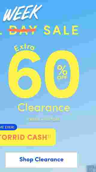 Memorial Week Sale promotion over ocean background offering an extra 60 percent off clearance items, available online and in store. Highlight includes Torrid Cash and a Shop Clearance button