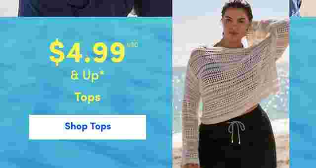 Woman standing on a beach wearing a white open-knit sweater and black drawstring shorts. Overlaid text reads 4.99 USD and up, Tops. Ocean background with bright blue water.