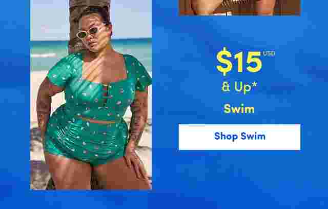 Woman sitting on a beach wearing a green swimsuit with a tropical print and cat-eye sunglasses. Overlaid text reads 15 USD and up, Swim. Ocean and palm tree in the background.