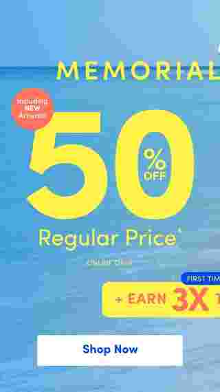 Memorial Day promotion over ocean background offering 50 percent off regular price, including new arrivals. Text notes online only and highlights earn 3X points for first-time cardholders. Shop Now button included.