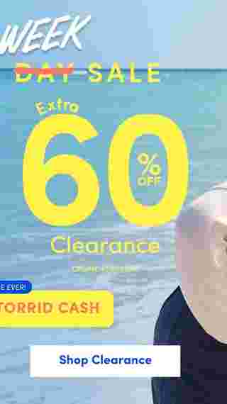 Memorial Week Sale promotion over ocean background offering an extra 60 percent off clearance items, available online and in store. Highlight includes Torrid Cash and a Shop Clearance button