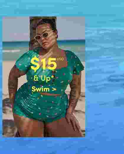 Woman sitting on a beach wearing a green swimsuit with a tropical print and cat-eye sunglasses. Overlaid text reads 15 USD and up, Swim. Ocean and palm tree in the background.