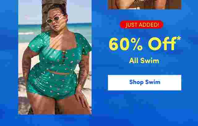 Woman sitting on a beach wearing a green swimsuit with a tropical print and cat-eye sunglasses. Overlaid text reads 15 USD and up, Swim. Ocean and palm tree in the background.