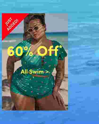 Woman sitting on a beach wearing a green swimsuit with a tropical print and cat-eye sunglasses. Overlaid text reads 15 USD and up, Swim. Ocean and palm tree in the background.