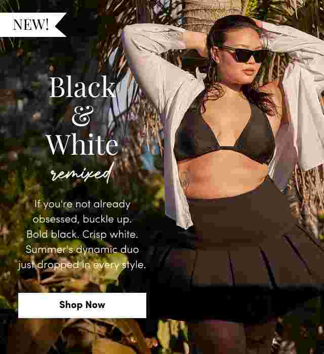Woman standing under palm trees wearing a black bikini top, black skirt, and white open shirt. Text reads Black & White remixed with a description of bold black and crisp white styles for summer. Shop Now button included.