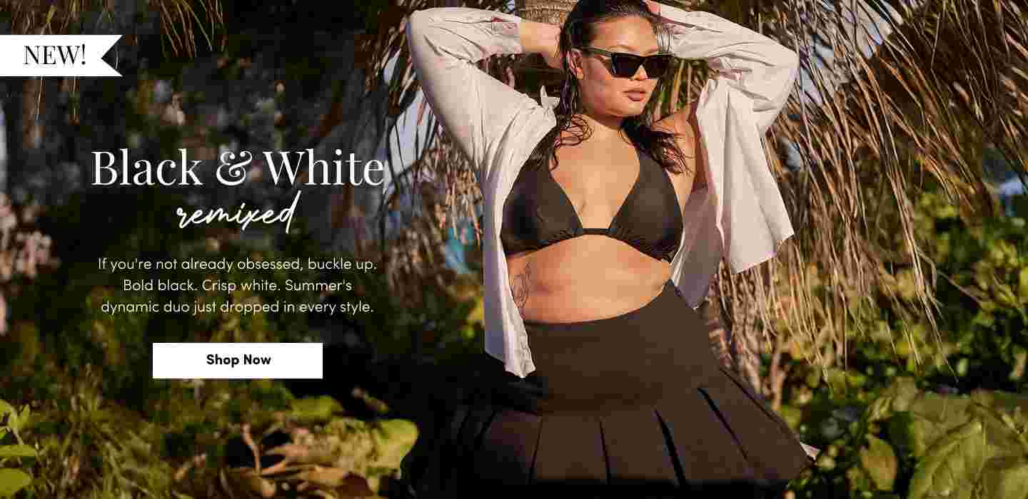 Woman standing under palm trees wearing a black bikini top, black skirt, and white open shirt. Text reads Black & White remixed with a description of bold black and crisp white styles for summer. Shop Now button included.