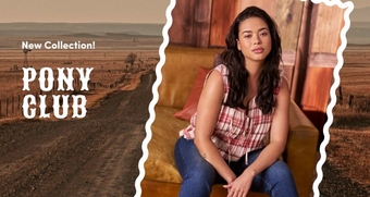 New Collection: Pony Club. Woman in a sleeveless plaid shirt and jeans sitting on a leather couch with a rustic countryside backdrop