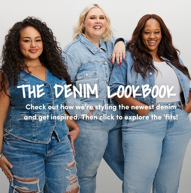 four women smiling wearing different denim outfits text reads the denim lookbook check out how we are styling the newest denim and get inspired then click to explore the fits