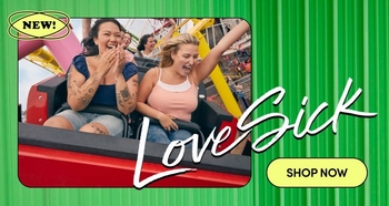 Image 17: Two smiling women on a roller coaster, one in a navy shirt and ripped jeans, the other in a pink tank top, with "LoveSick" text overlay and a "Shop Now" button on a green striped background
