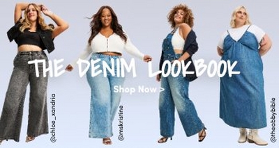 the denim lookbook featuring four women modeling different denim outfits with instagram handles @chloe_xandria @mskristine @miskristine and @theeabbybabe text shop now