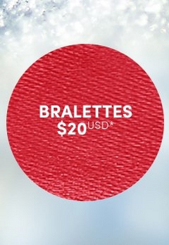 'Red circular badge with a subtle woven fabric-like texture and white centered text that reads BRALETTES $20 USD*, displayed over a softly blurred background of pale blue and white snow with frosted highlights.'